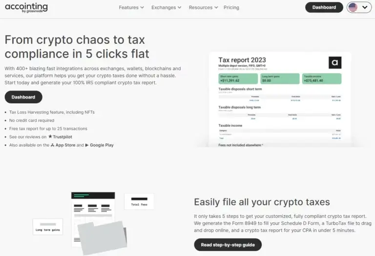 Accointing tax software homepage screenshot
