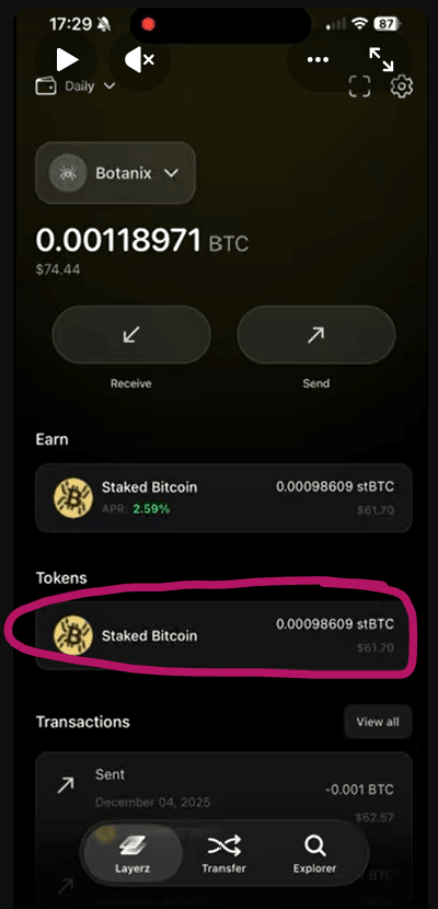 image showing where to find staked botanix in layerzwallet