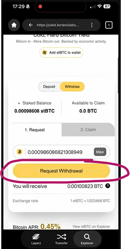 request withdrawal from yield on botanix in Layerzwallet